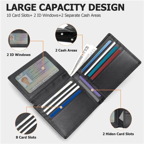Mens Leather Wallet Bifold RFID Blocking 10 Card Slots 2 ID Windows Gift - Picture 3 of 7